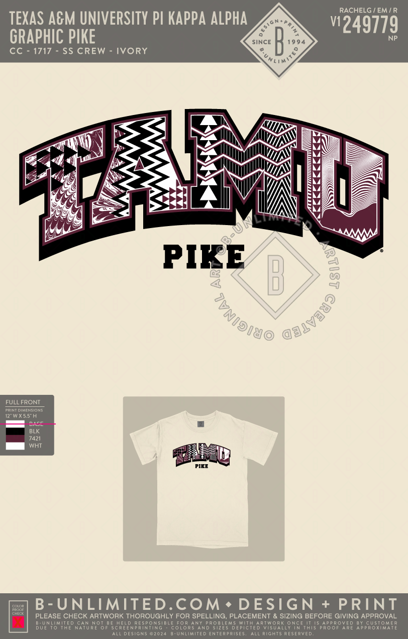 Texas A M University Pi Kappa Alpha Graphic PIKE CC 1717 SS Cr B Unlimited Custom Apparel Shop