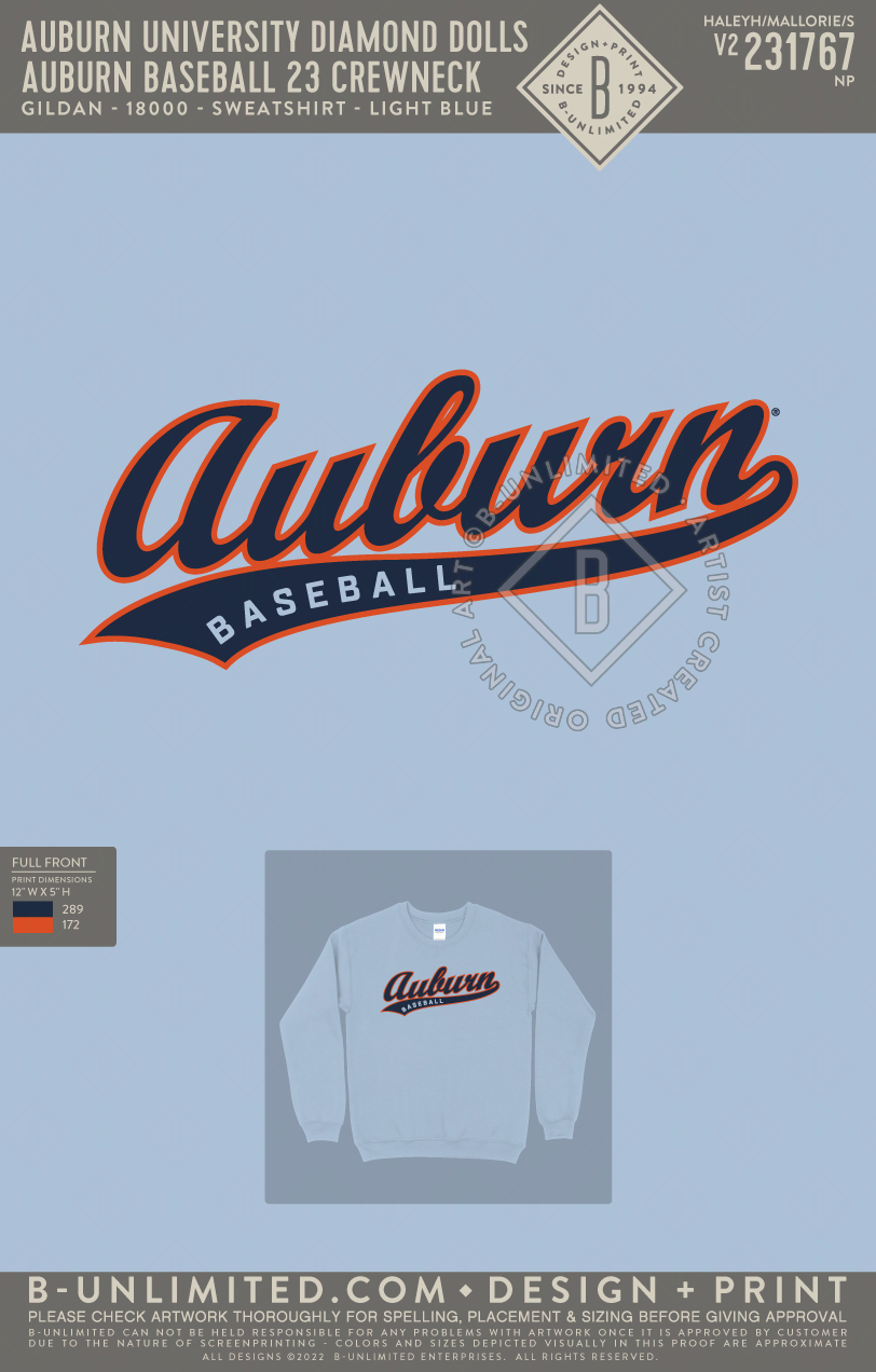 Auburn University Diamond Dolls - Auburn Baseball 23 Crewneck - Gildan - 18000 - Crewneck Sweatshirt - Light Blue