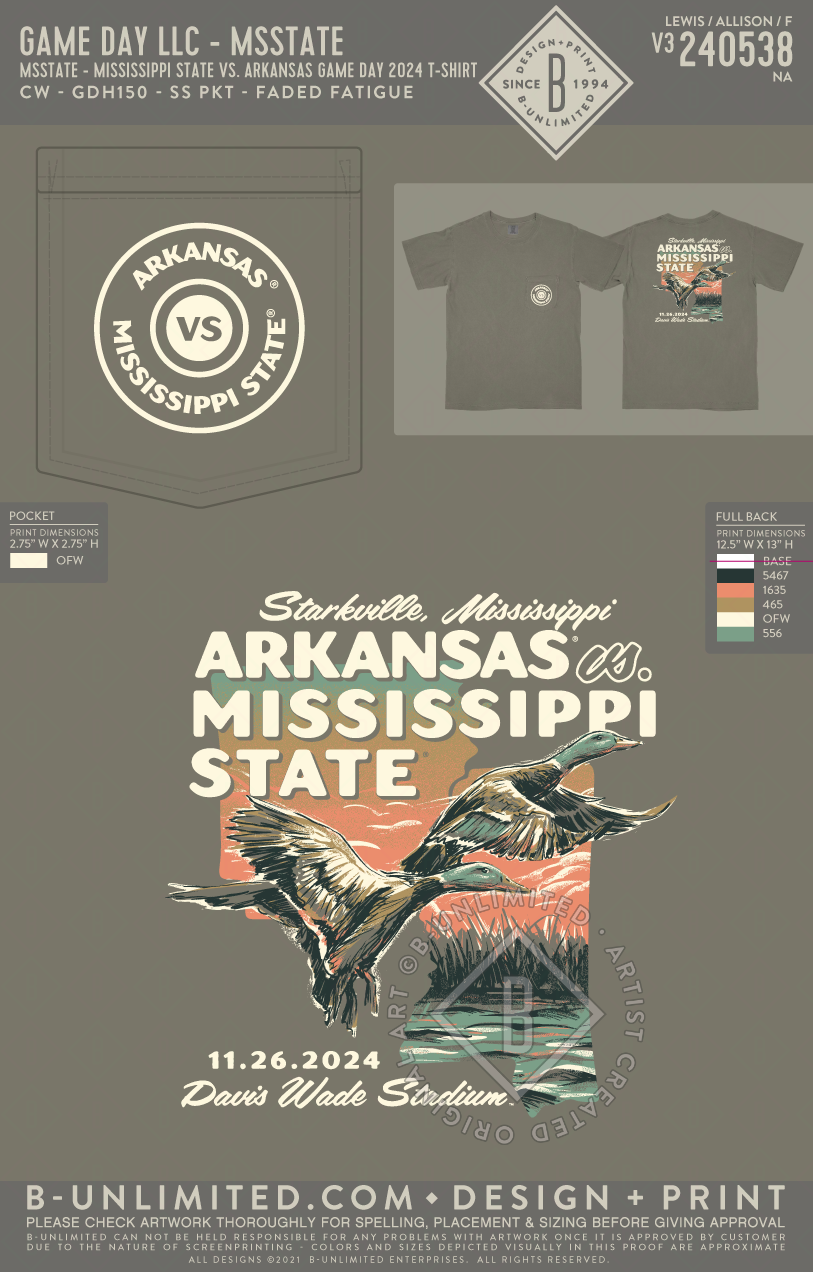 B-Unlimited Game Day - MSSTATE - Mississippi State vs. Arkansas Game Day 2024 T-Shirt (WS) - CW - GDH150 - SS Pocket - Faded Fatigue