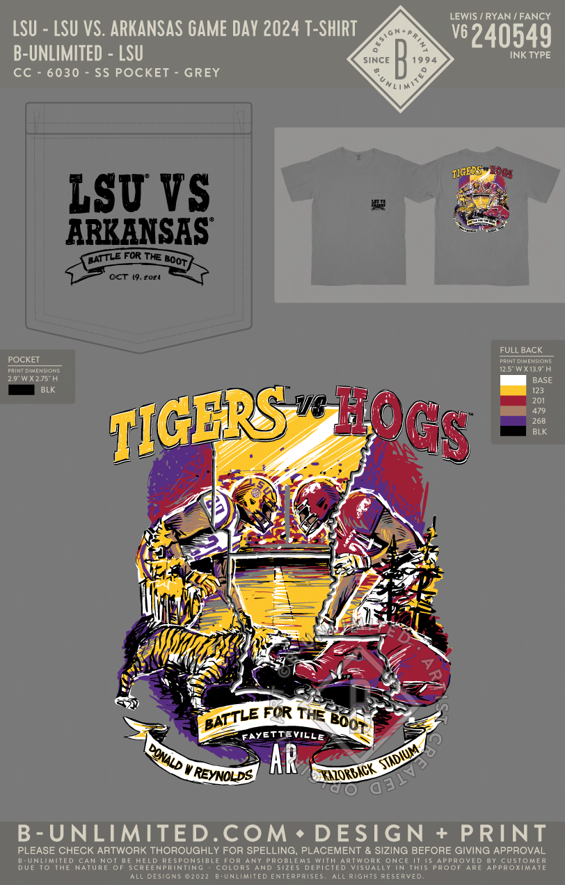 Game Day LLC - UARK - UARK - Arkansas vs. LSU Game Day 2024 T-Shirt (WS) - CC - 6030 - SS Pocket - Grey