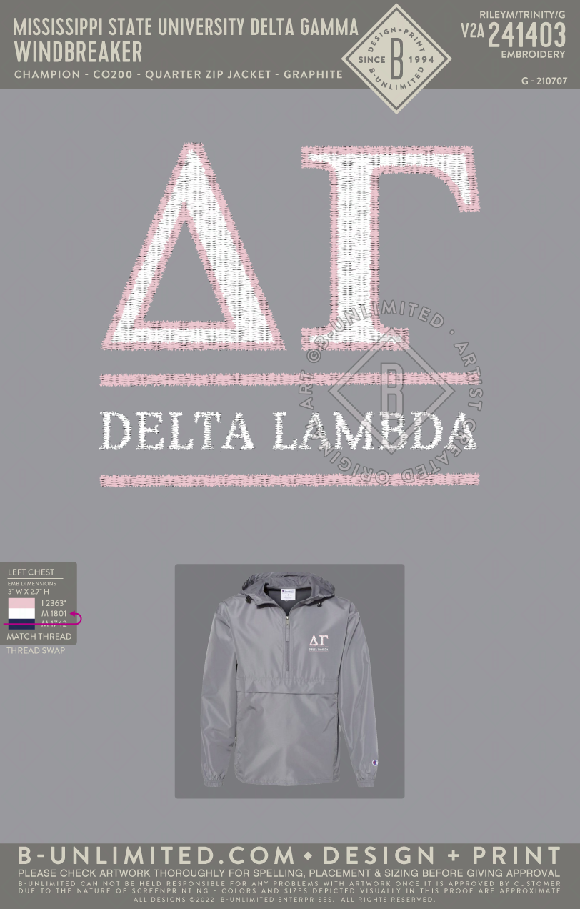 Mississippi State University Delta Gamma - Windbreaker - Champion - CO200 - Packable Quarter-Zip Jacket - Graphite