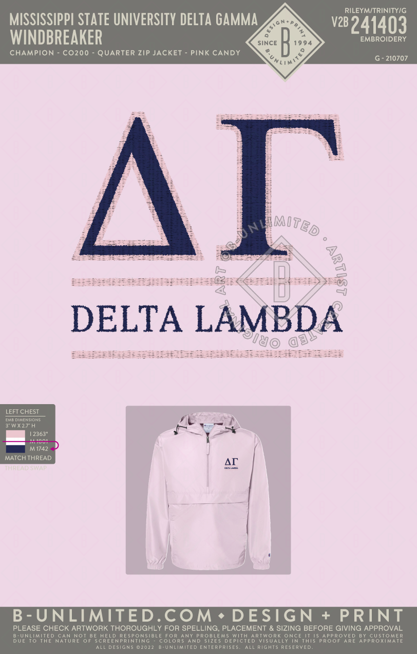 Mississippi State University Delta Gamma - Windbreaker - Champion - CO200 - Packable Quarter-Zip Jacket - Pink Candy