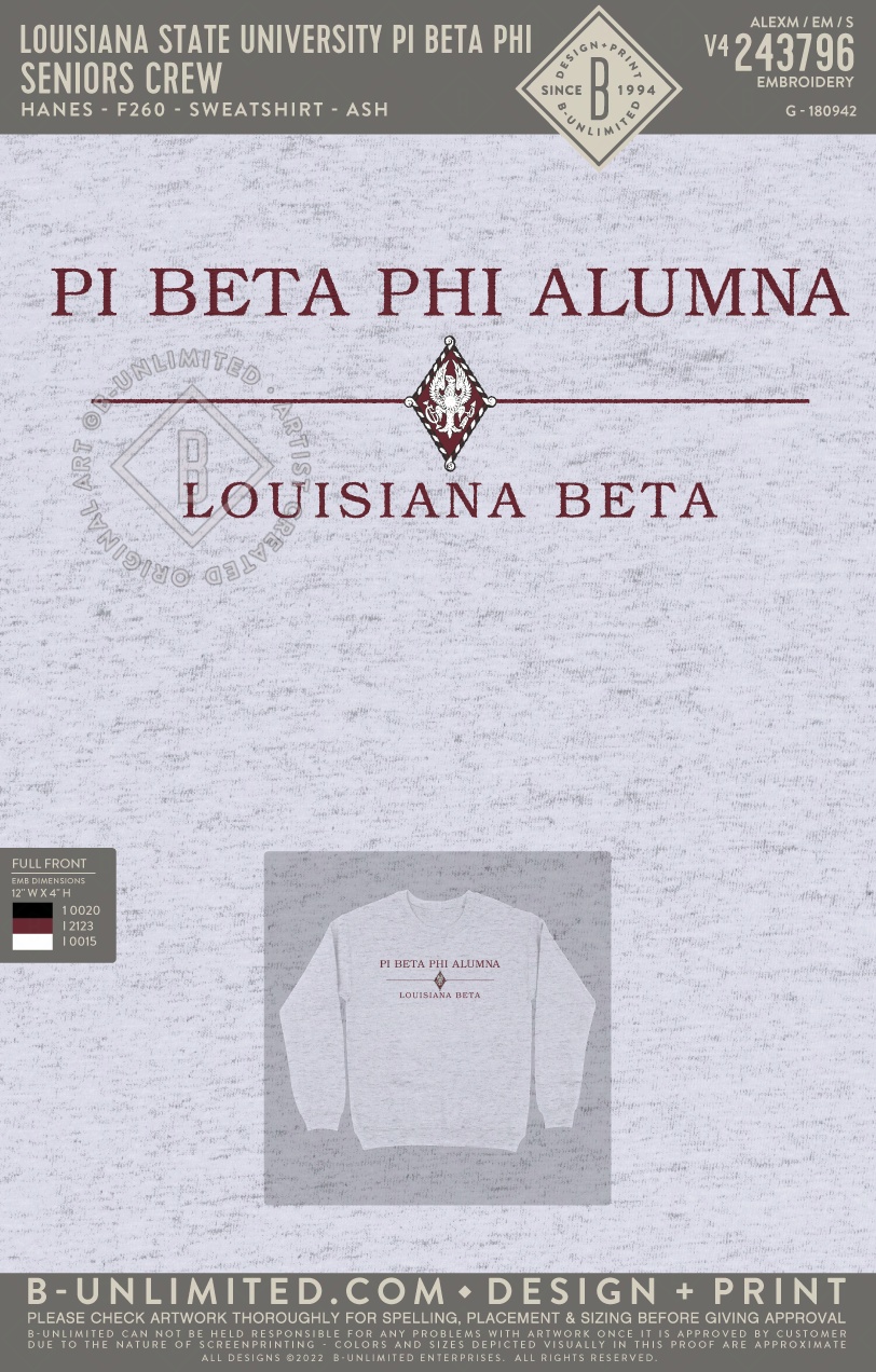 Louisiana State University Pi Beta Phi - Seniors Crew - Hanes - F260 - Sweatshirt - Ash