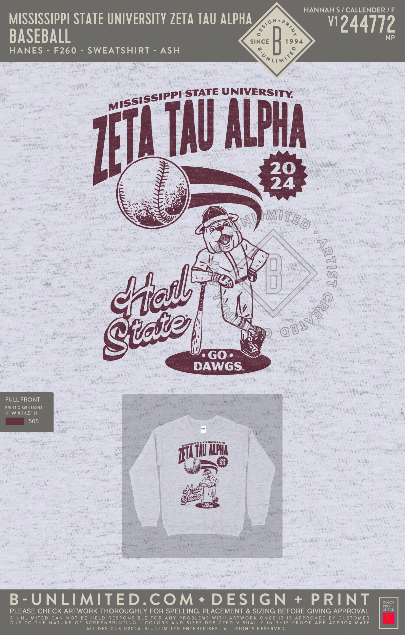 Mississippi State University Zeta Tau Alpha - Baseball - Hanes - F260 ...