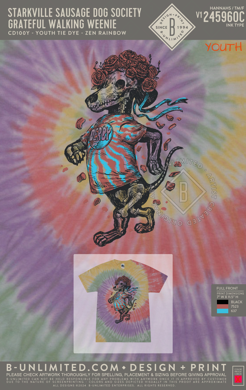 Starkville Sausage Dog Society - YOUTH Grateful Walking Weenie - Tie Dye - CD100Y - Youth SS Tie Dye Crew - Zen Rainbow