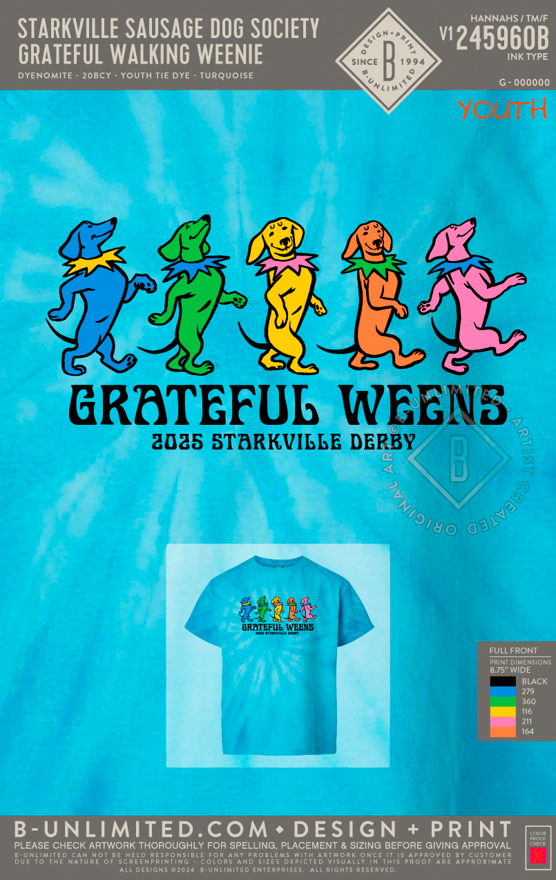 Starkville Sausage Dog Society - YOUTH Grateful Weens - Dyenomite - 20BCY - Youth Cyclone Pinwheel Tie-Dyed T-Shirt - Turquoise