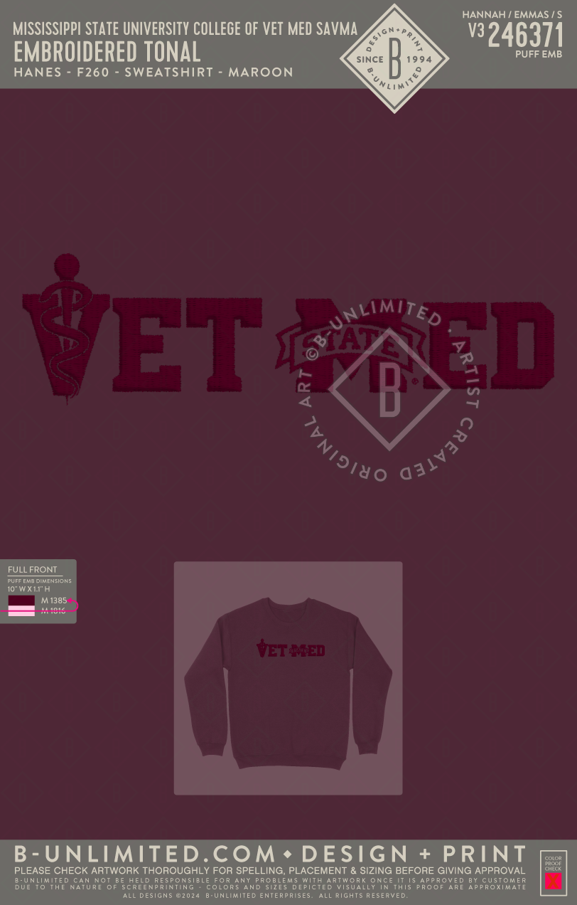 Mississippi State University College of Vet Med SAVMA - Embroidered Tonal - Hanes - F260 - Sweatshirt - Maroon