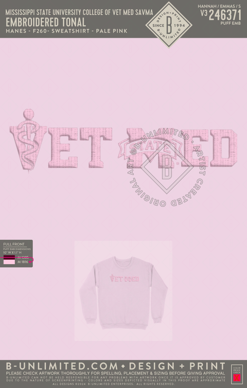 Mississippi State University College of Vet Med SAVMA - Embroidered Tonal - Hanes - F260 - Sweatshirt - Pale Pink