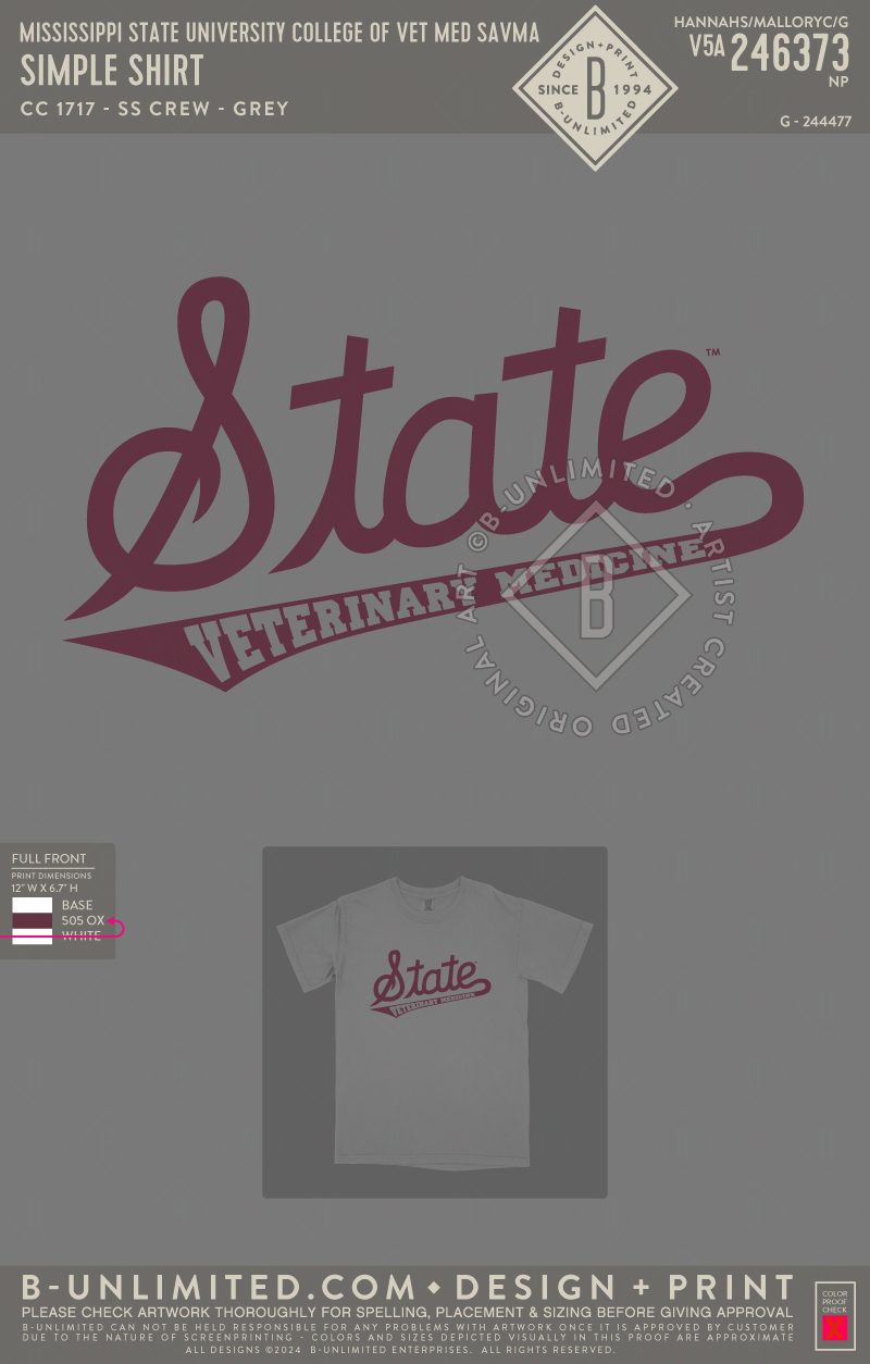 Mississippi State University College of Vet Med SAVMA - Simple Shirt - CC - 1717 - SS Crew - Grey