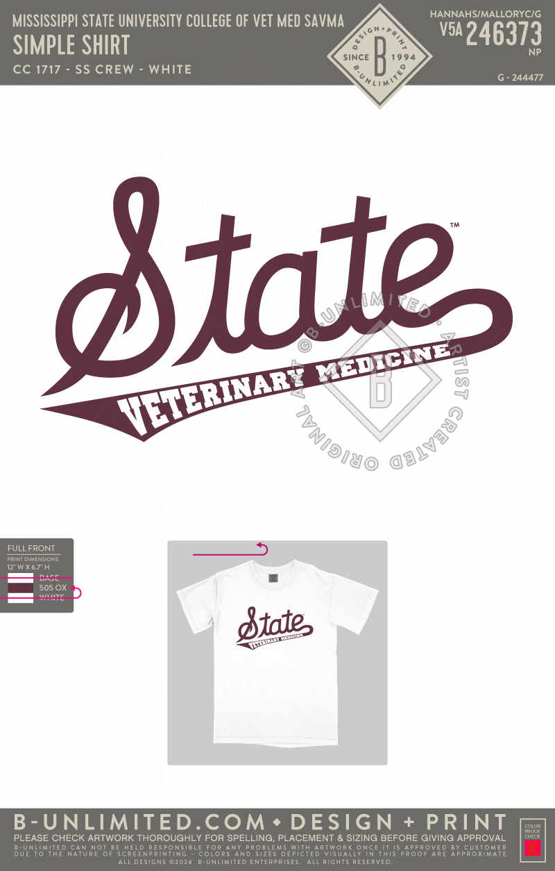 Mississippi State University College of Vet Med SAVMA - Simple Shirt - CC - 1717 - SS Crew - White