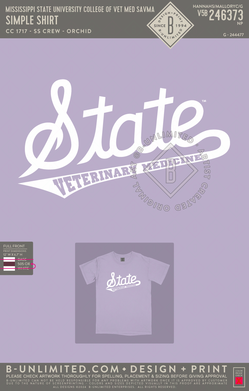 Mississippi State University College of Vet Med SAVMA - Simple Shirt - CC - 1717 - SS Crew - Orchid