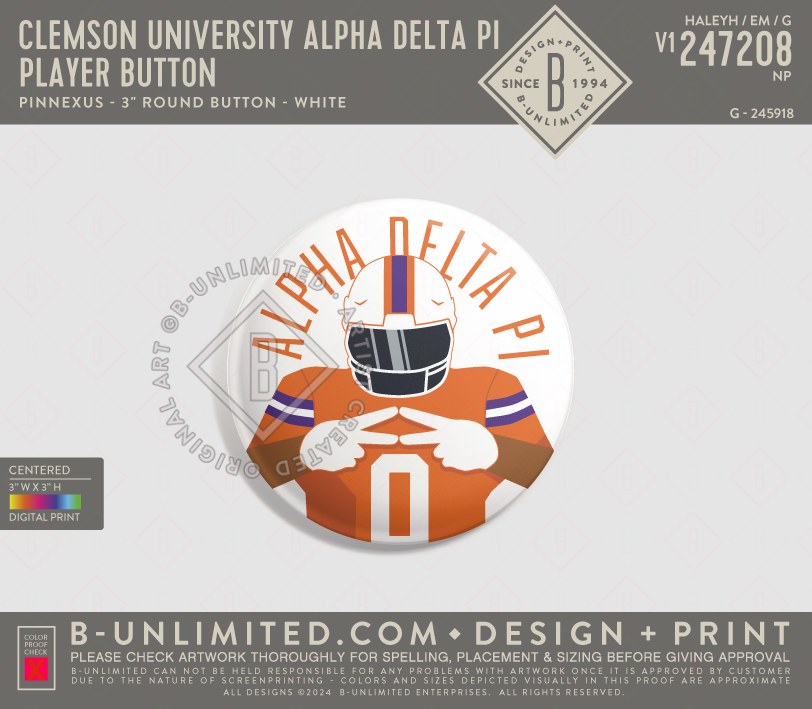 Clemson University Alpha Delta Pi - Player button - PinNexus - PXRB - 3" Round Button - White