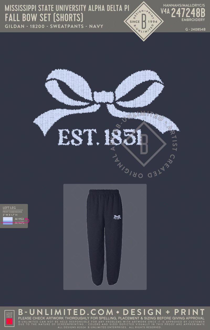 Mississippi State University Alpha Delta Pi - Fall Bow Set (Blue Bottoms) - Gildan - 18200 - Sweatpants - Navy