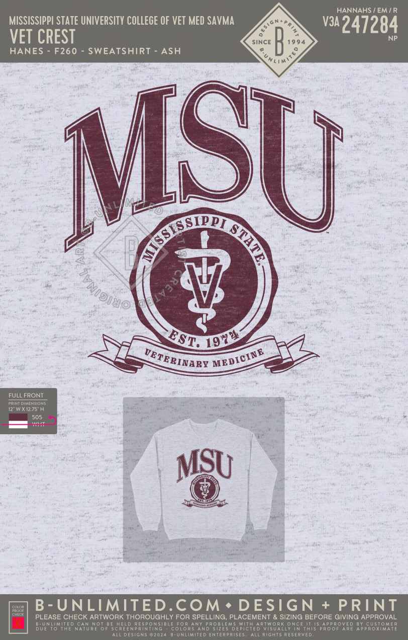 Mississippi State University College of Vet Med SAVMA - Vet Crest - Hanes - F260 - Sweatshirt - Ash