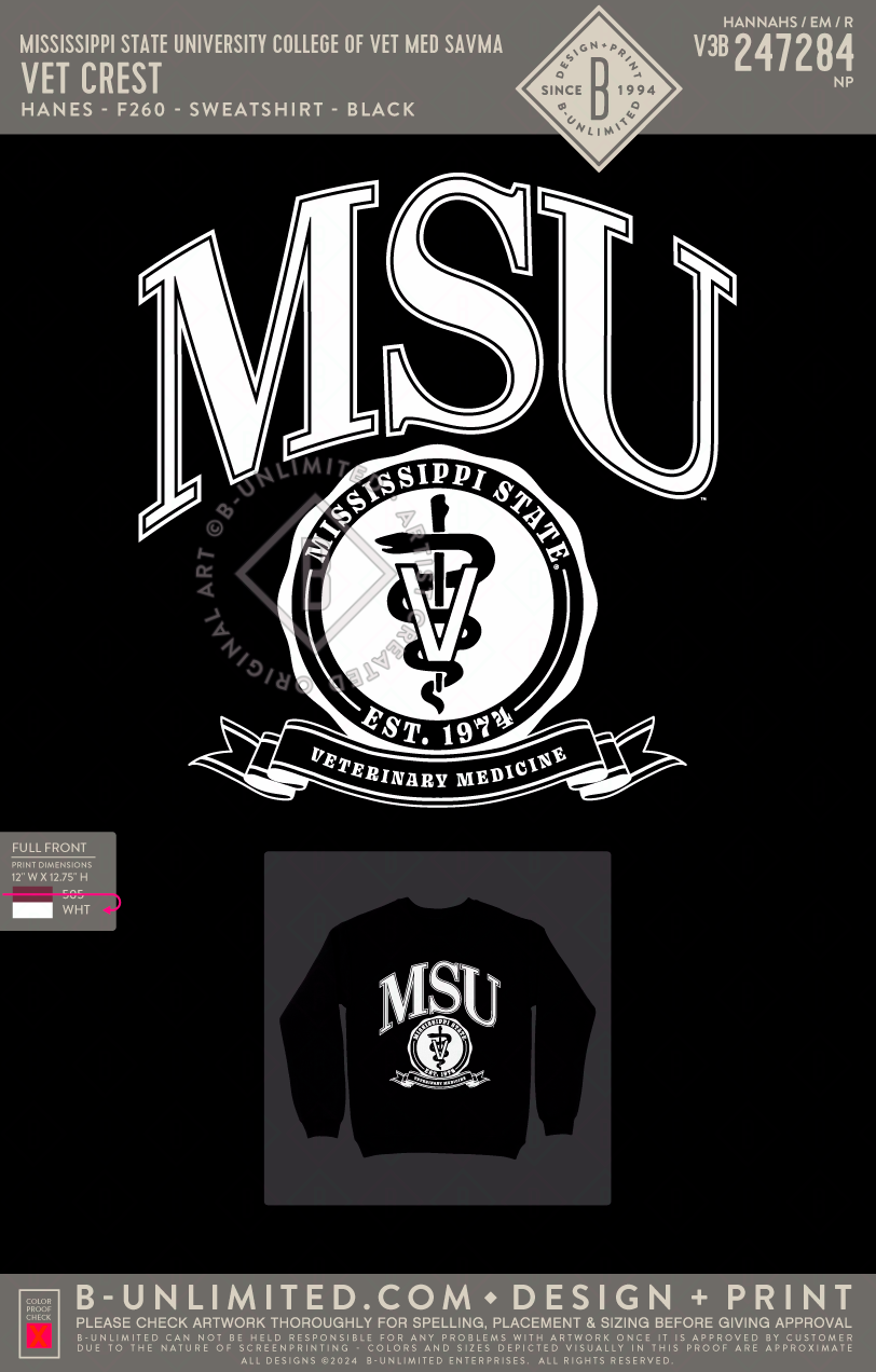 Mississippi State University College of Vet Med SAVMA - Vet Crest - Hanes - F260 - Sweatshirt - Black