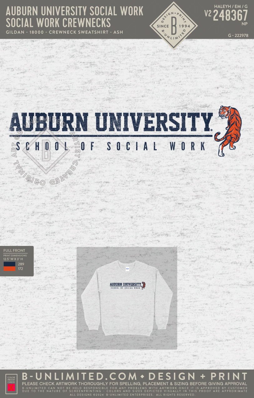 Auburn University Social Work - Social Work Crewnecks - Gildan - 18000 - Crewneck Sweatshirt - Ash Grey