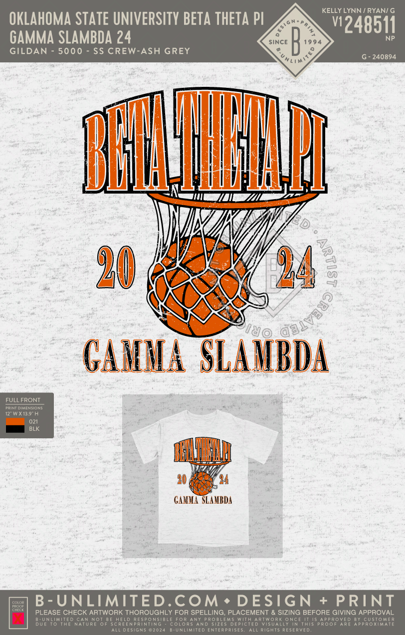 Oklahoma State University Beta Theta Pi - Gamma Slambda 24 - Gildan - 5000 - SS Crew - Ash Grey