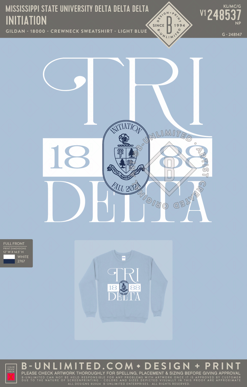 Mississippi State University Delta Delta Delta - Initiation - Gildan - 18000 - Crewneck Sweatshirt - Light Blue