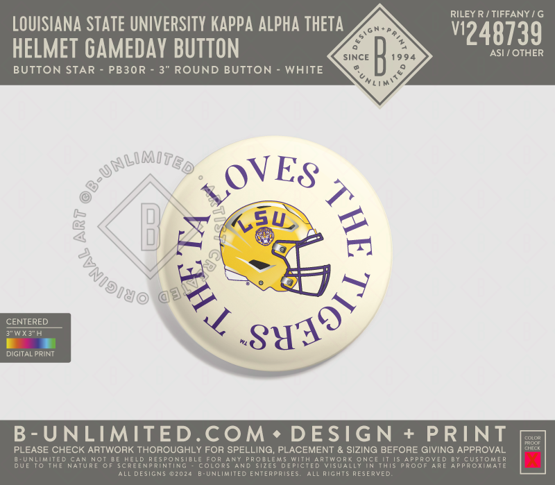 Louisiana State University Kappa Alpha Theta - Helmet Gameday Button - PinNexus - PXRB - 3" Round Button - White