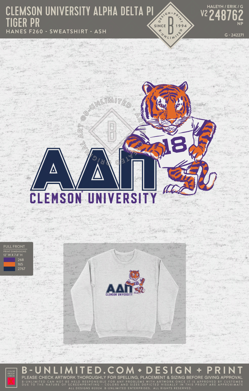 Clemson University Alpha Delta Pi - Tiger PR - Hanes - F260 - Sweatshirt - Ash