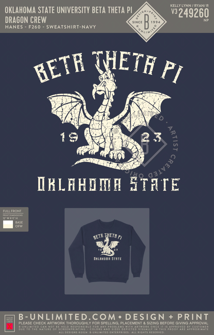 Oklahoma State University Beta Theta Pi - Dragon Crew - Hanes - F260 - Sweatshirt - Navy