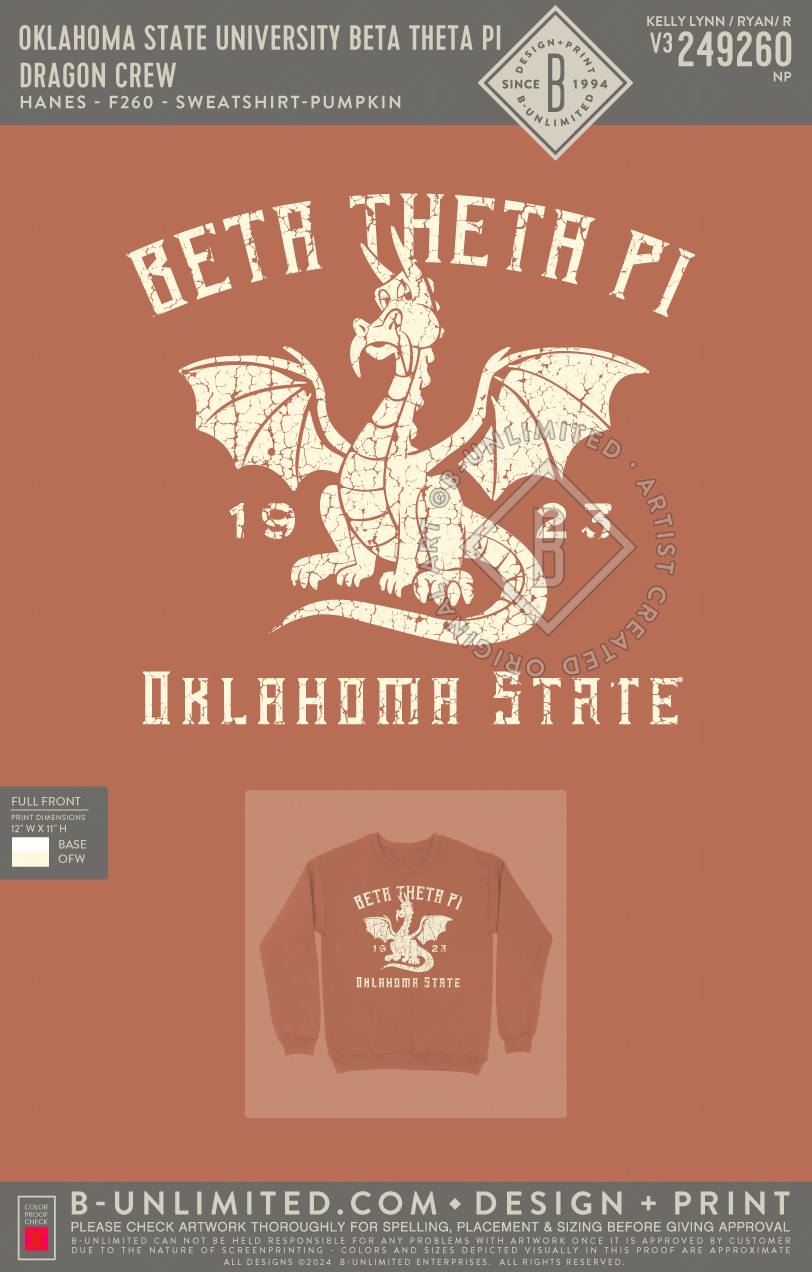 Oklahoma State University Beta Theta Pi - Dragon Crew - Hanes - F260 - Sweatshirt - Pumpkin