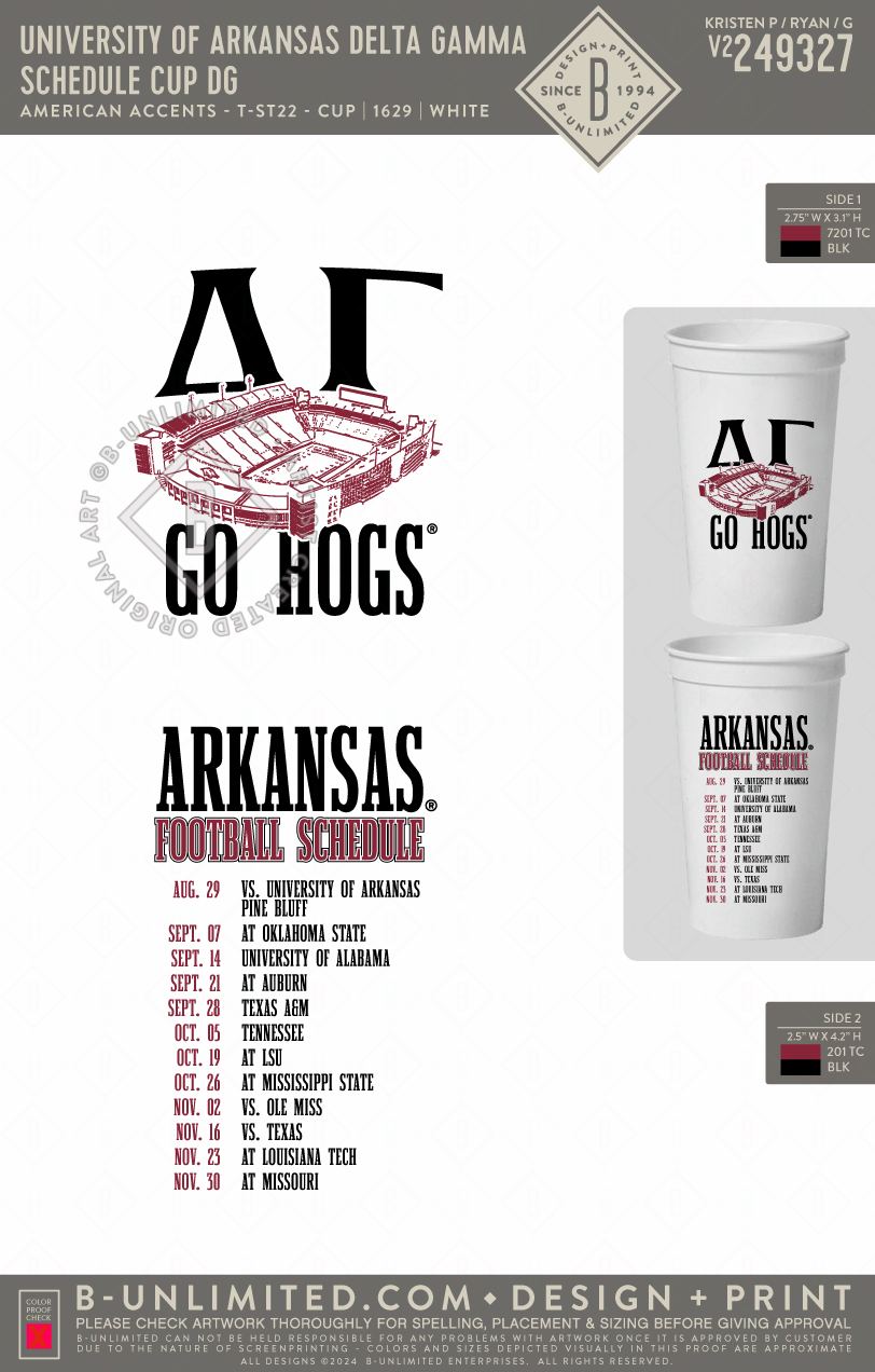 University of Arkansas Delta Gamma - Schedule Cup DG - PACK OF 4 - American Accents - T-ST22 - Cup - White