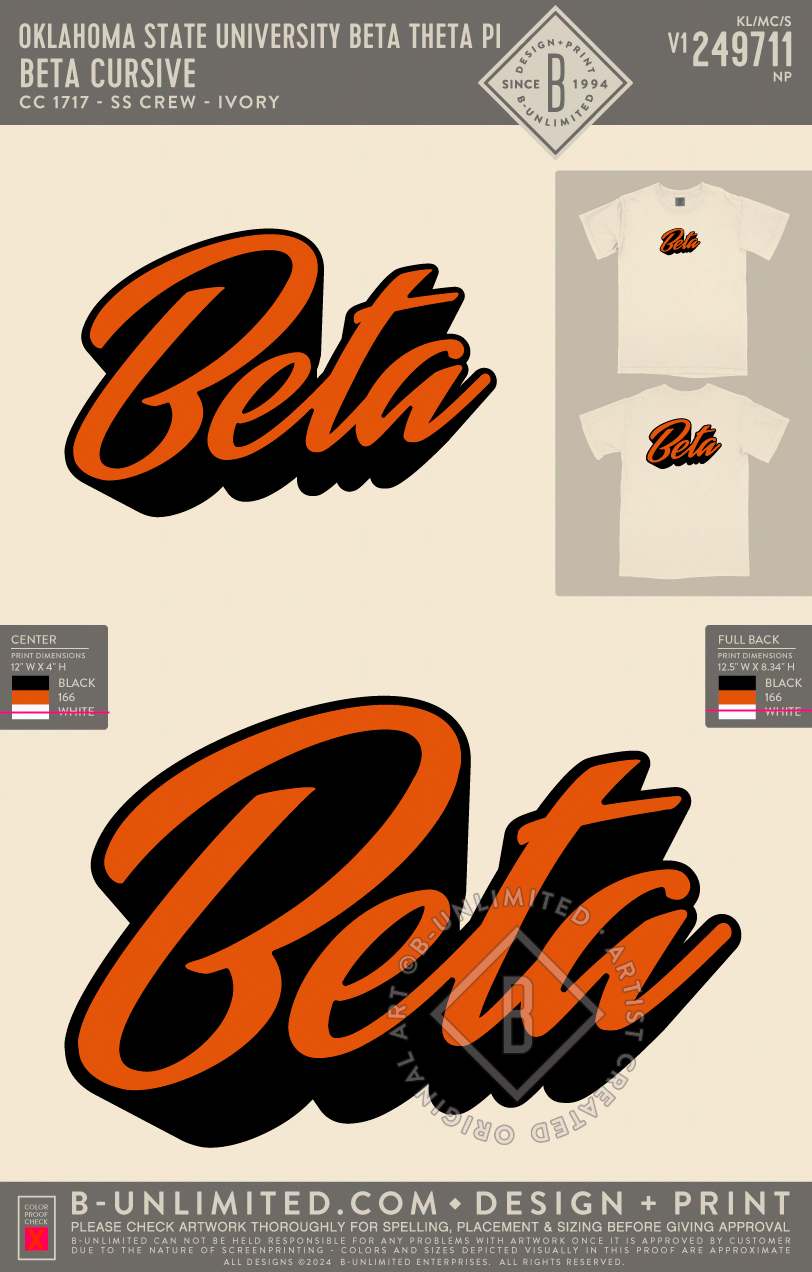 Oklahoma State University Beta Theta Pi - Beta Cursive - CC - 1717 - SS Crew - Ivory