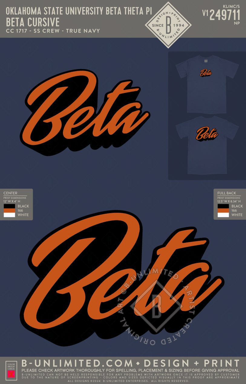 Oklahoma State University Beta Theta Pi - Beta Cursive - CC - 1717 - SS Crew - True Navy