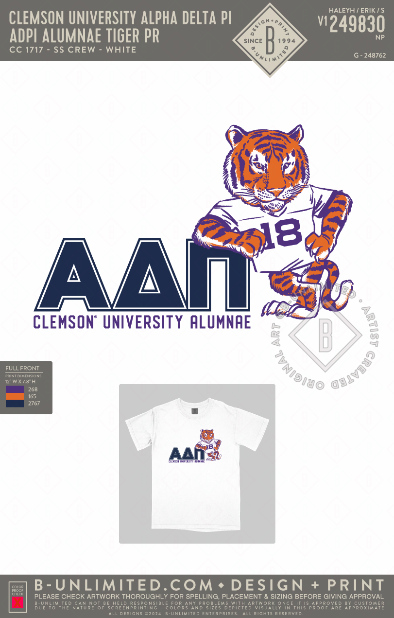 Clemson University Alpha Delta Pi - ADPI Alumnae Tiger PR - CC - 1717 - SS Crew - White