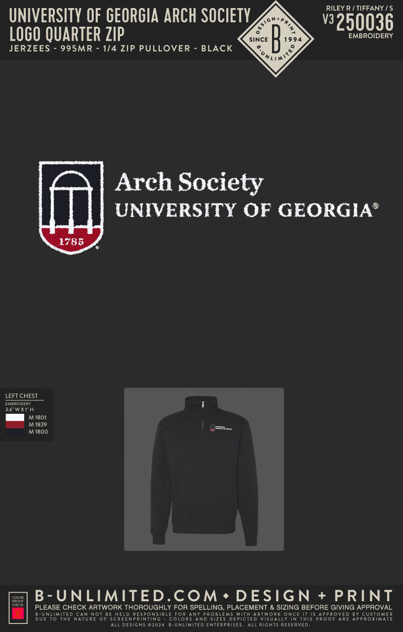 University of Georgia Arch Society - Logo Quarter Zip - Jerzees - 995MR - 1/4 Zip Pullover - Black