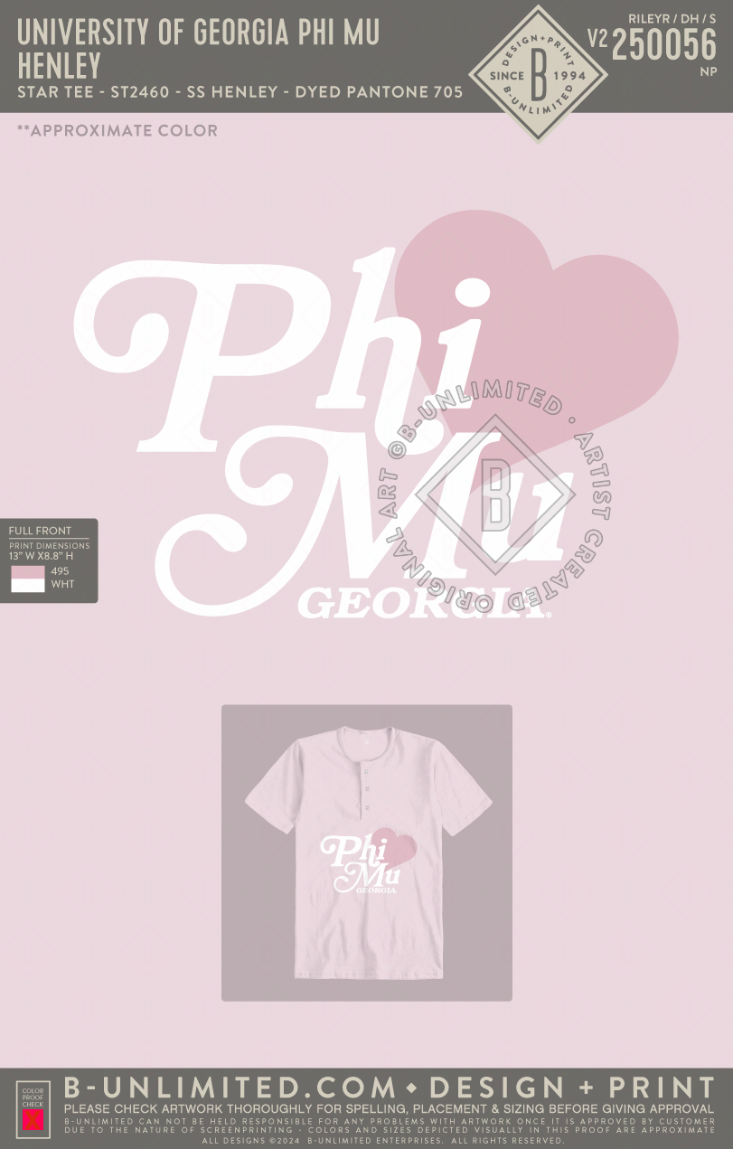 UGA Phi Mu - Henley - Star Tee - ST2460 - SS Henley - Light Pink (Custom Dyed)