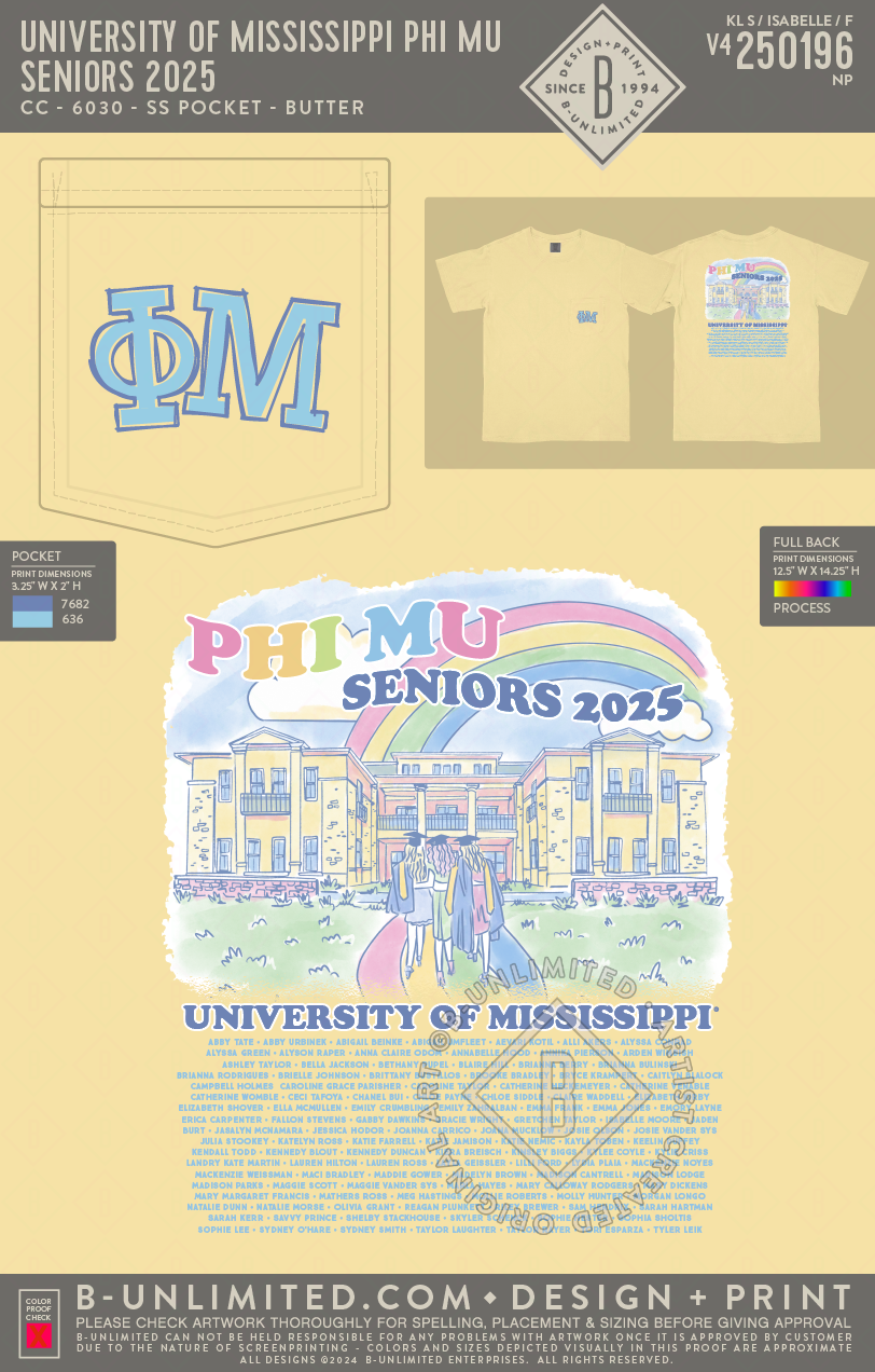 University of Mississippi Phi Mu - Seniors 2025 - CC - 6030 - SS Pocket - Butter