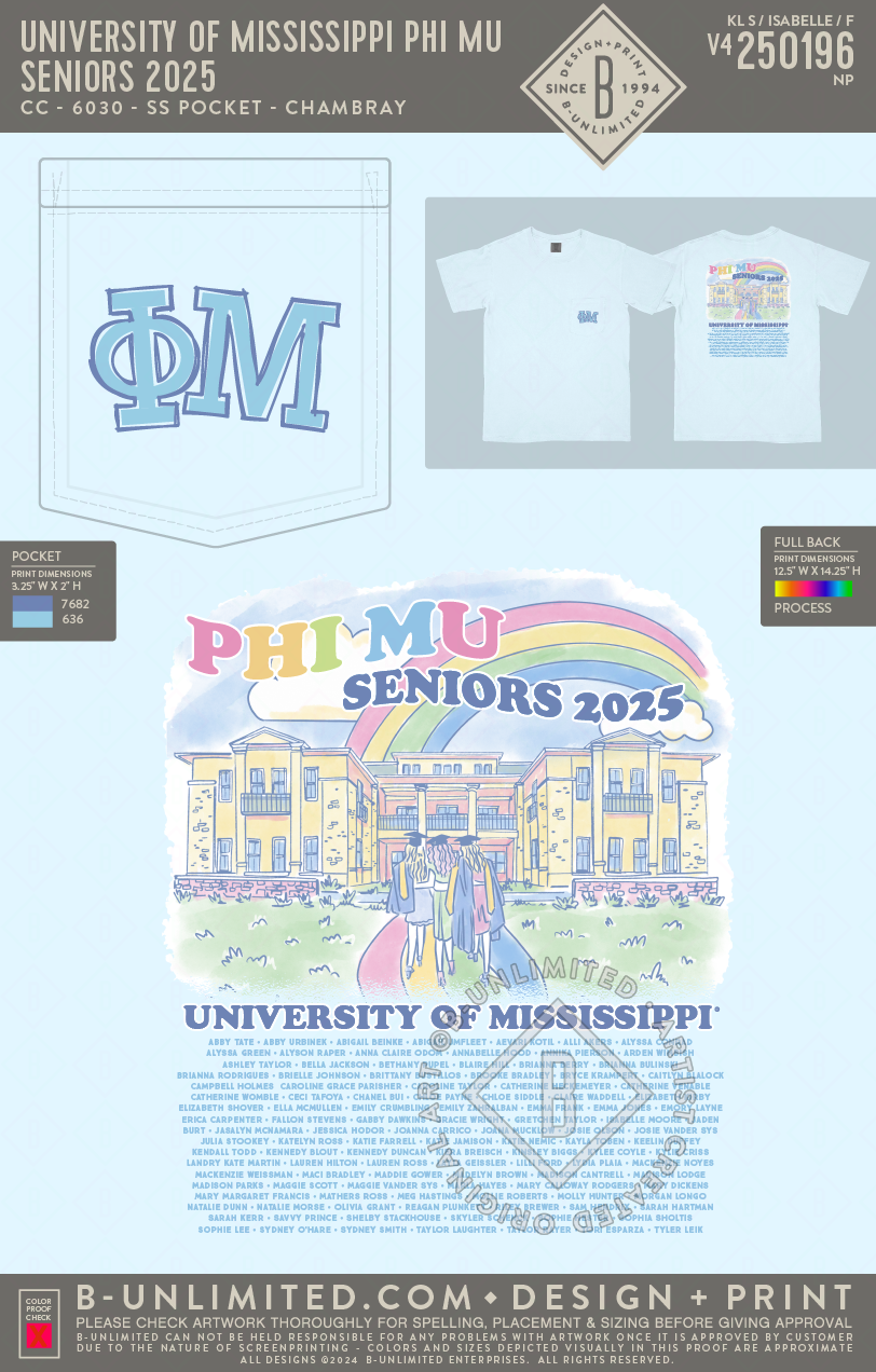 University of Mississippi Phi Mu - Seniors 2025 - CC - 6030 - SS Pocket - Chambray