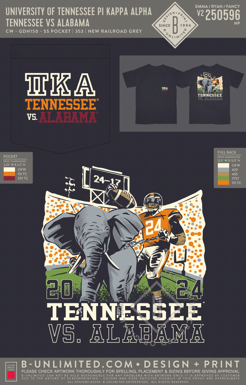 University of Tennessee Pi Kappa Alpha - Tennessee Vs Alabama - CW - GDH150 - SS Pocket - New Railroad Grey