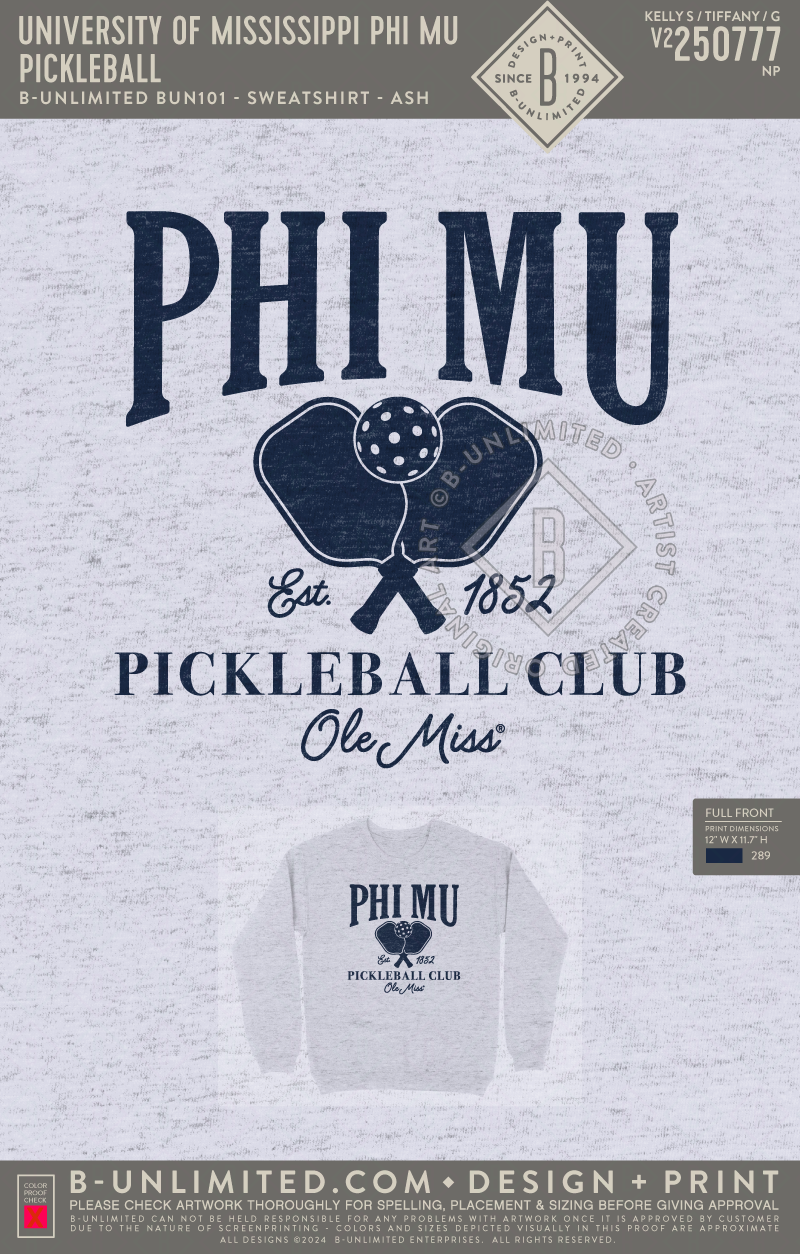 University of Mississippi Phi Mu - Pickleball (Crewneck) - B-Unlimited BUN101 - Ash