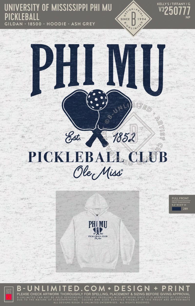 University of Mississippi Phi Mu - Pickleball (Hoodie) - Gildan - 18500 - Hoodie - Ash Grey