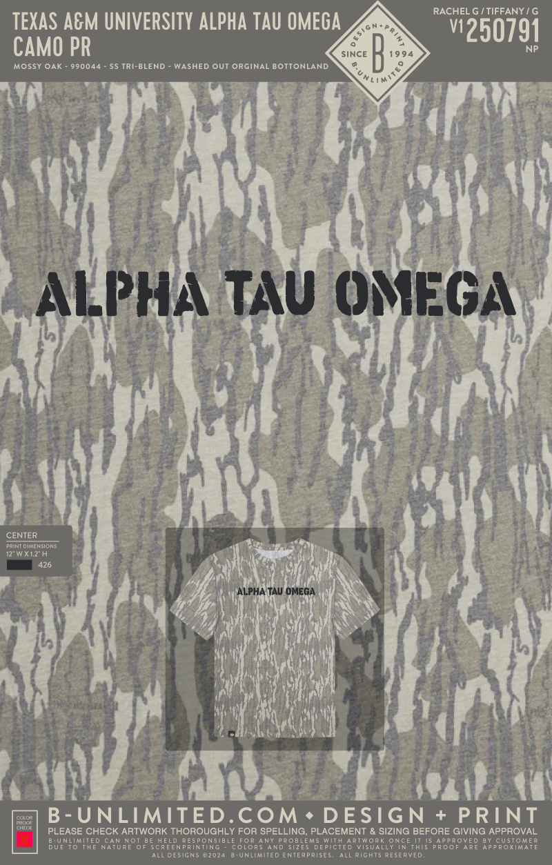 Texas A&M University Alpha Tau Omega - Camo PR - Mossy Oak - 990044 - Short Sleeve Tri-Blend - Washed Out Orginal Bottonland