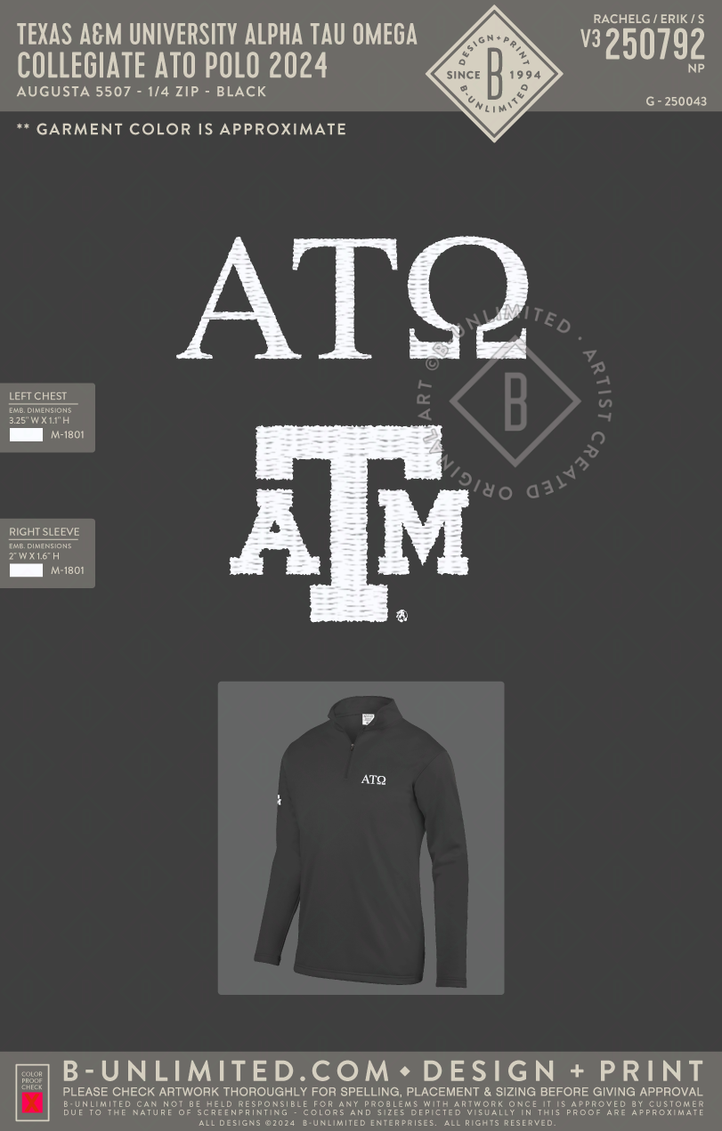 Texas A&M University Alpha Tau Omega - Collegiate ATO Polo 2024 - Augusta - 5507 - 1/4 Zip - Black