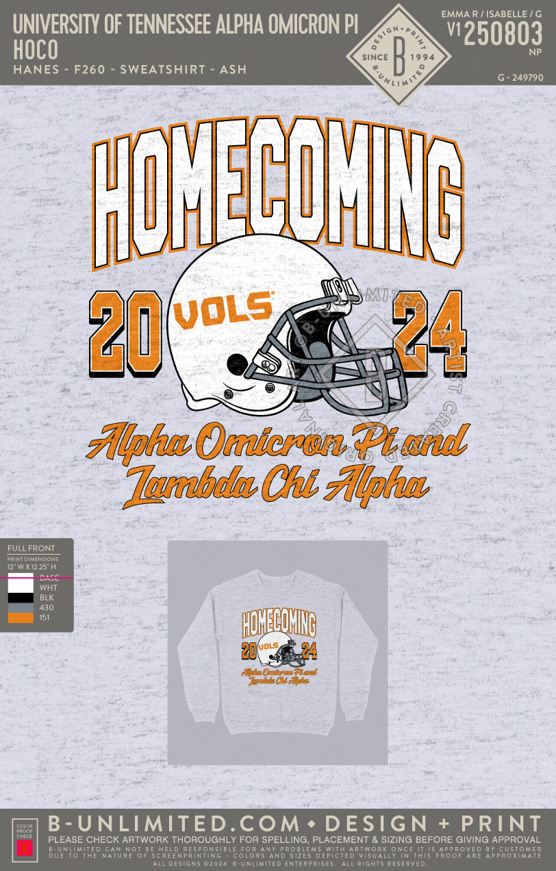 University of Tennessee Alpha Omicron Pi - HOCO - Hanes - F260 - Sweatshirt - Ash