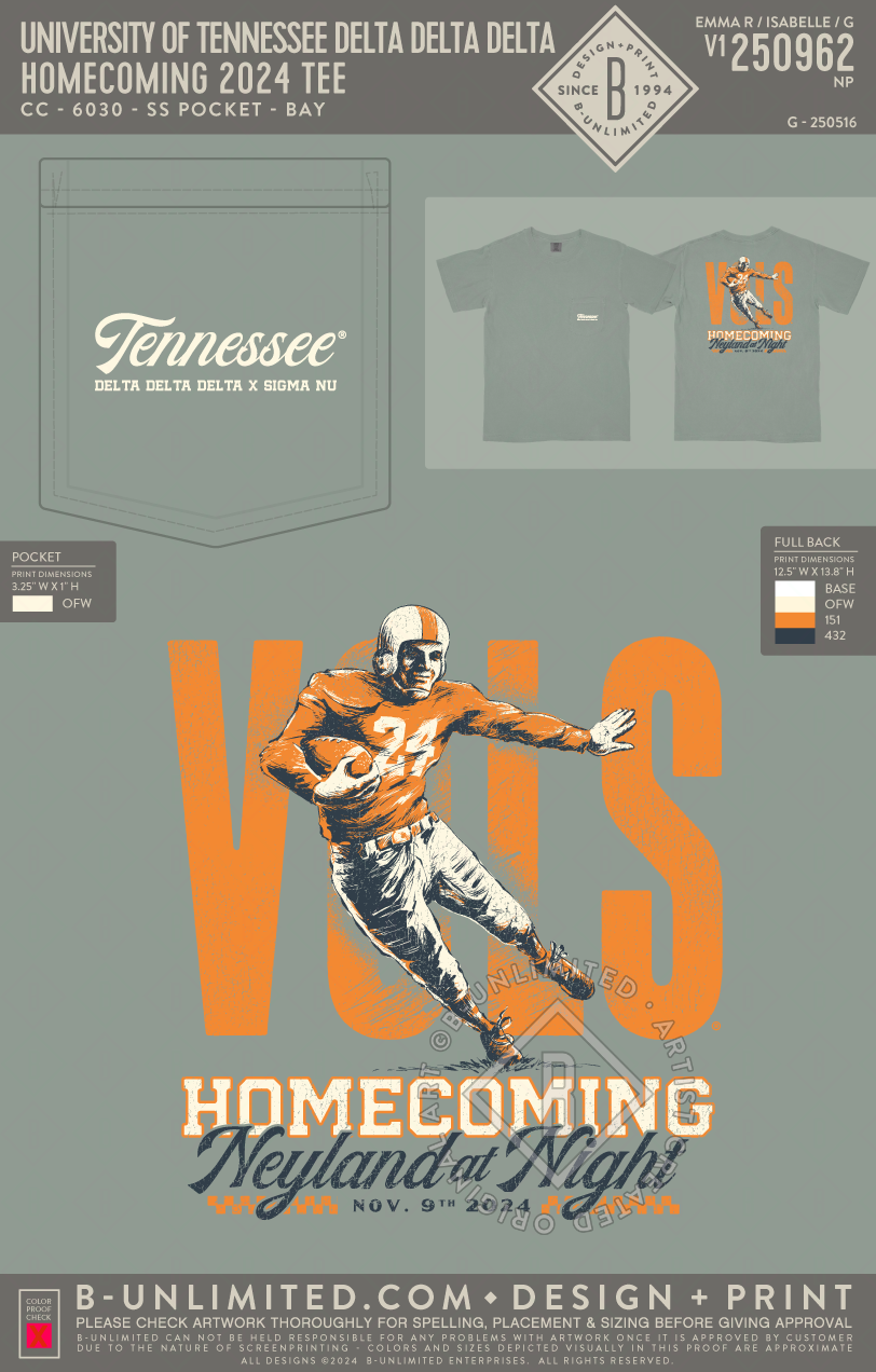 University of Tennessee Delta Delta Delta - Homecoming 2024 Tee - CC - 6030 - SS Pocket - Bay