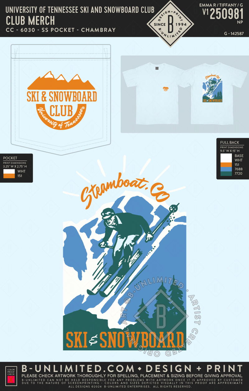 University of Tennessee Ski and Snowboard club - Club Merch - CC - 6030 - SS Pocket - Chambray