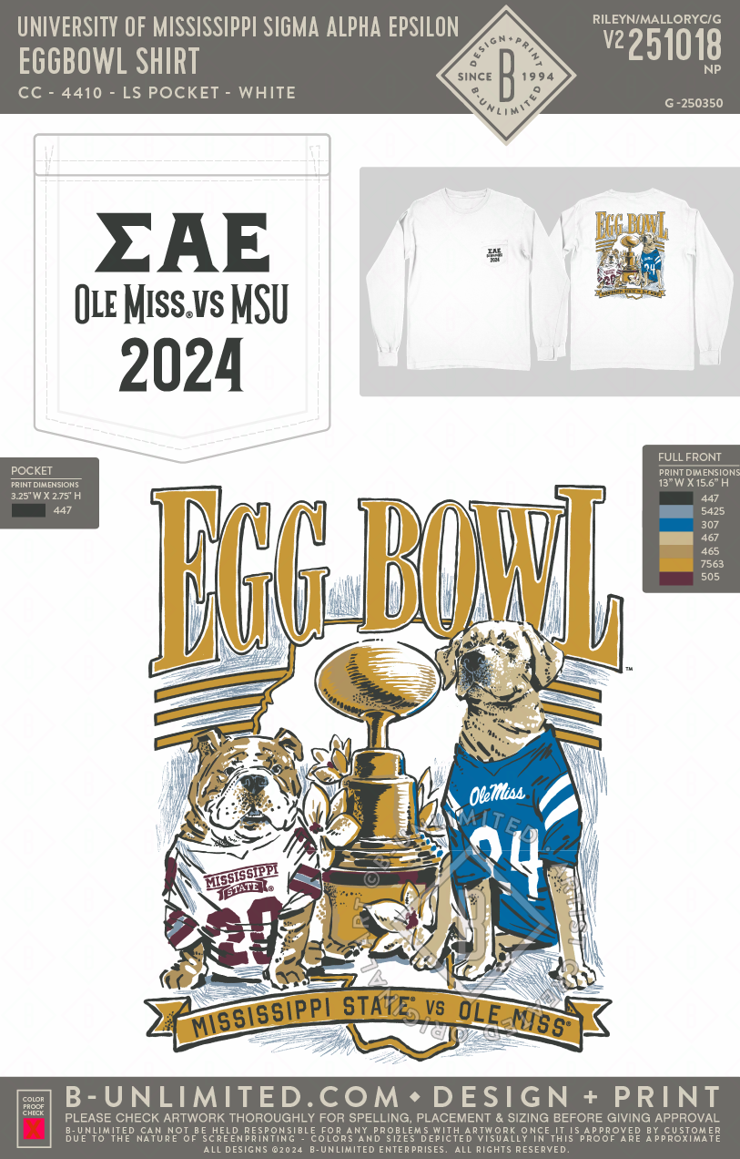 University of Mississippi Sigma Alpha Epsilon - Eggbowl Shirt (White) - CC - 4410 - LS Pocket - White