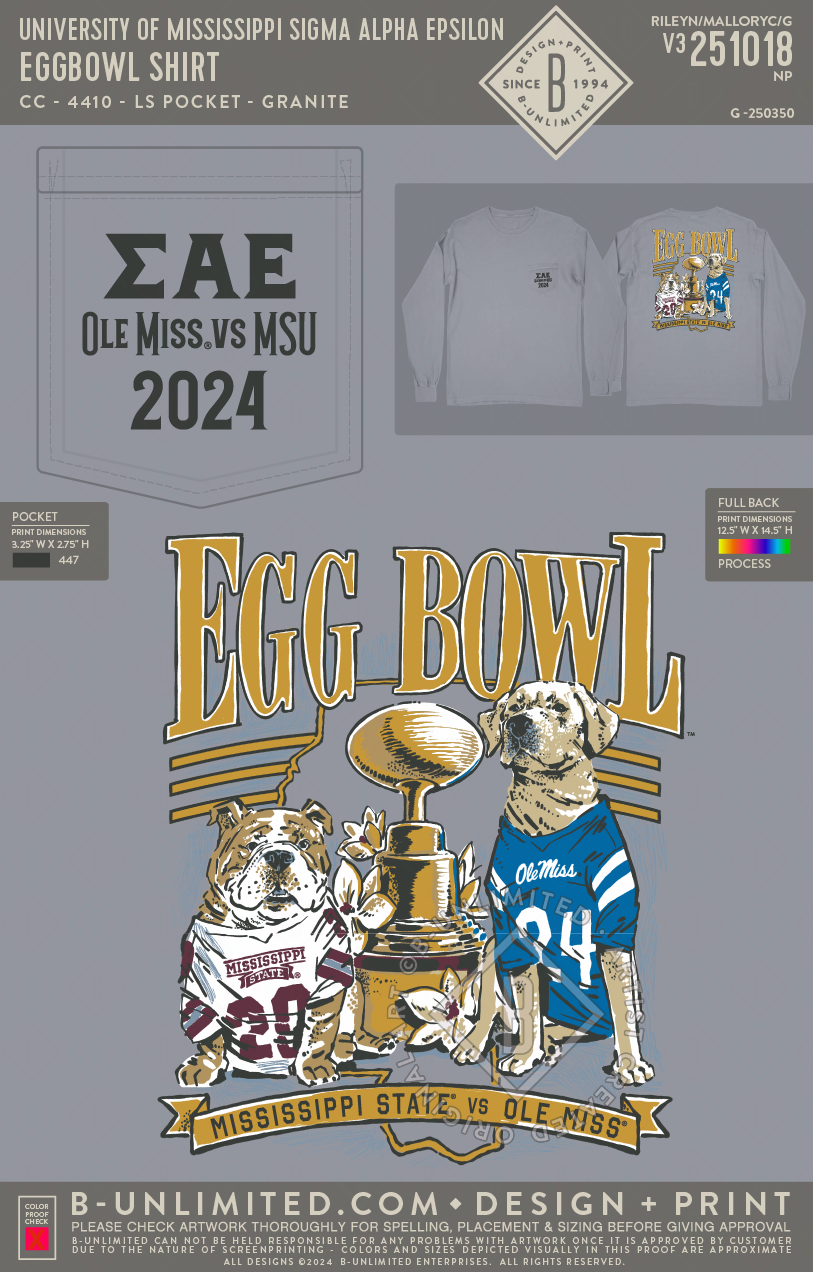 University of Mississippi Sigma Alpha Epsilon - Eggbowl Shirt (Granite) - CC - 4410 - LS Pocket - Granite