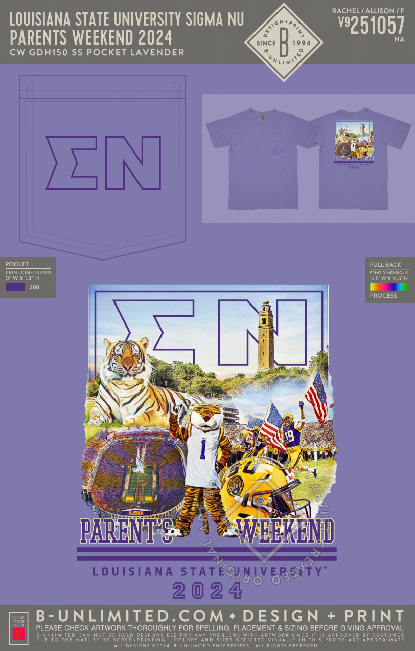 Louisiana State University Sigma Nu - Parents Weekend 2024 - CW - GDH150 - SS Pocket - Lavender