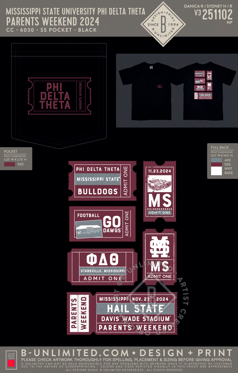 Mississippi State University Phi Delta Theta - Parents Weekend 2024 - CC - 6030 - SS Pocket - Black