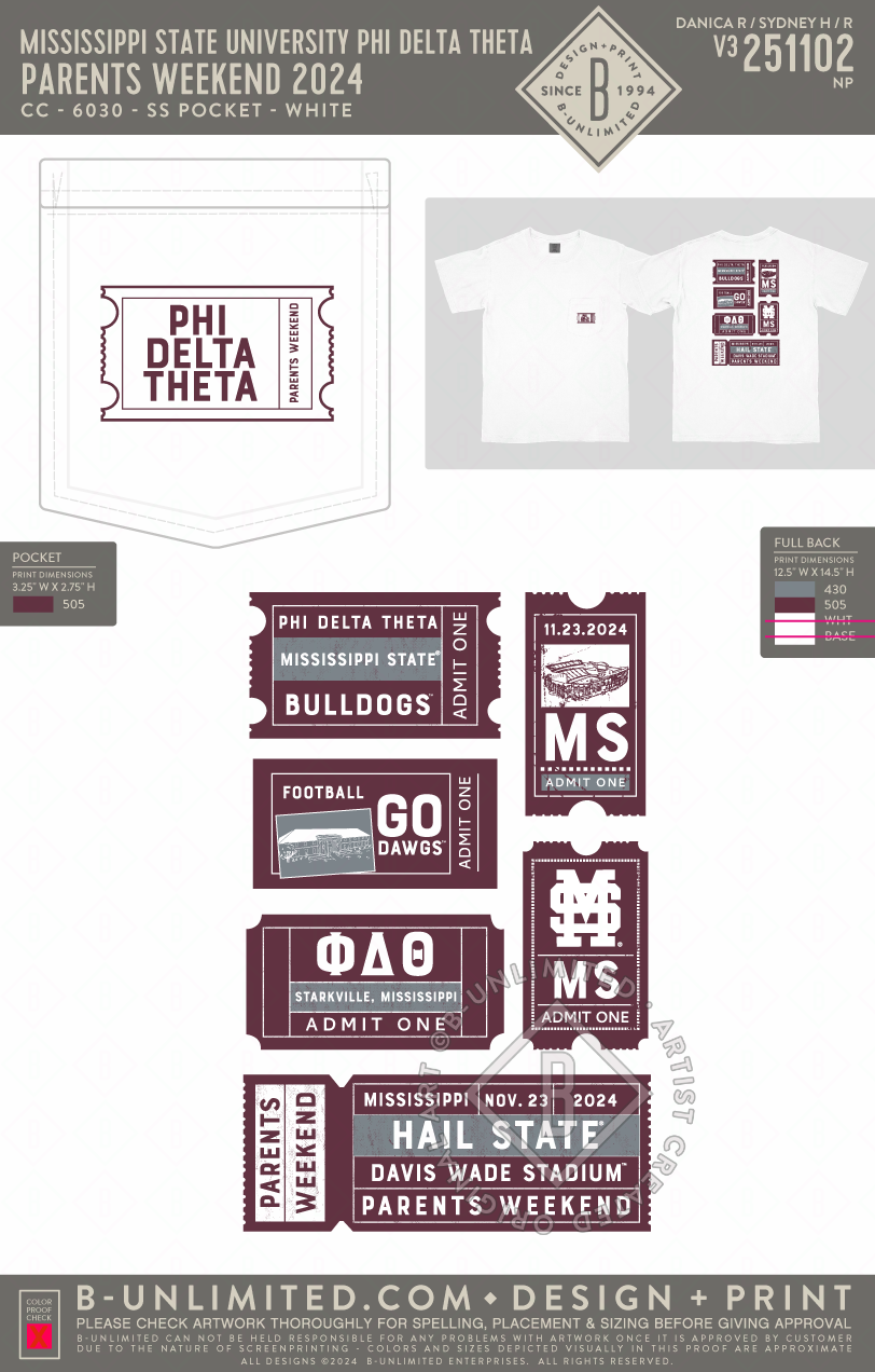 Mississippi State University Phi Delta Theta - Parents Weekend 2024 - CC - 6030 - SS Pocket - White