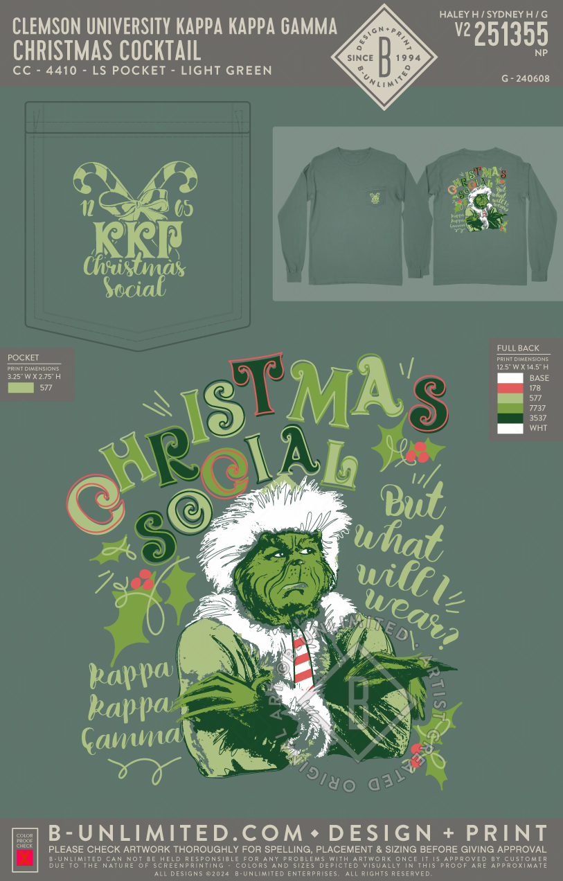 Clemson University Kappa Kappa Gamma - Christmas cocktail - CC - 4410 - LS Pocket - Light Green