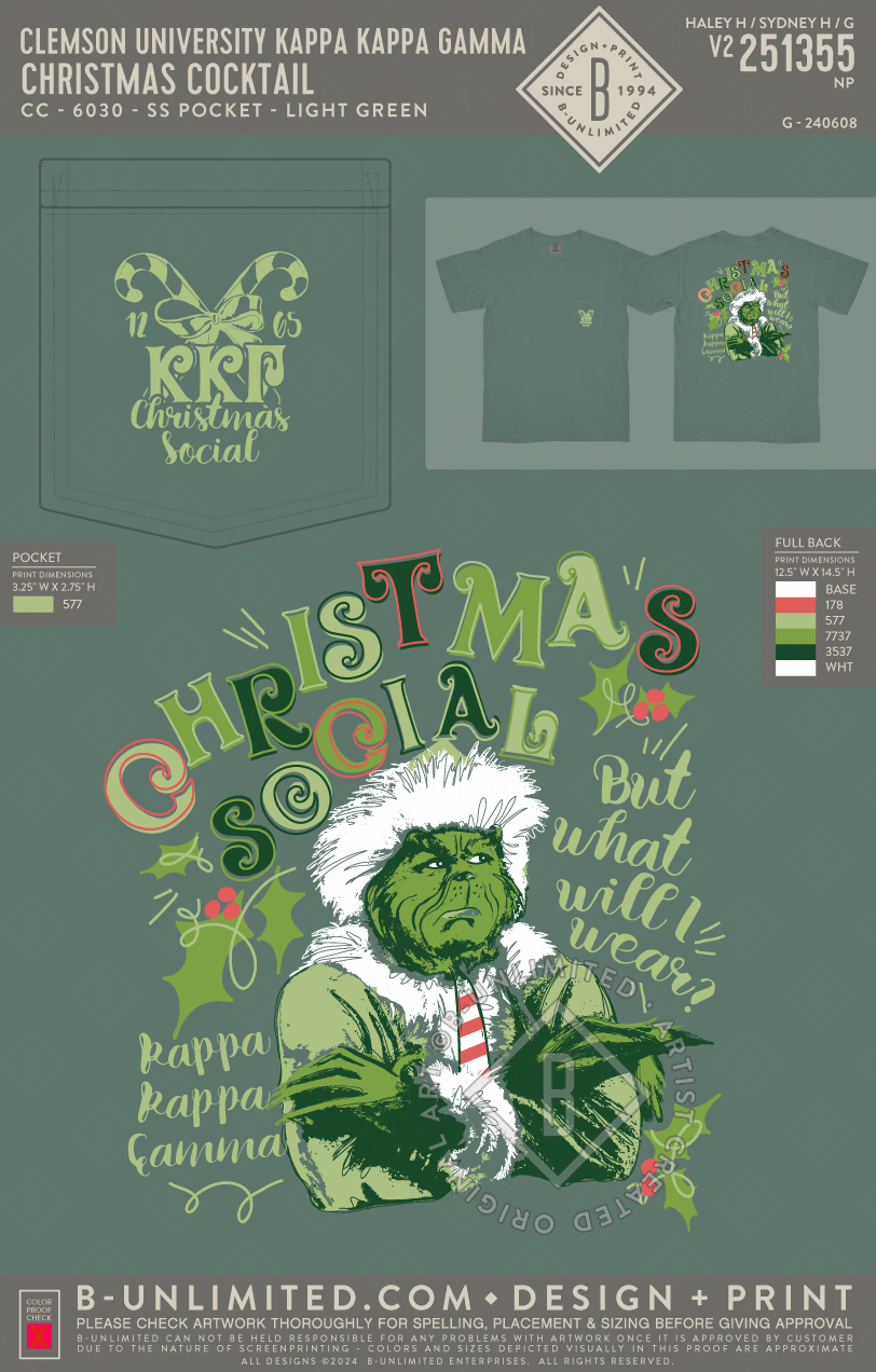 Clemson University Kappa Kappa Gamma - Christmas cocktail - CC - 6030 - SS Pocket - Light Green