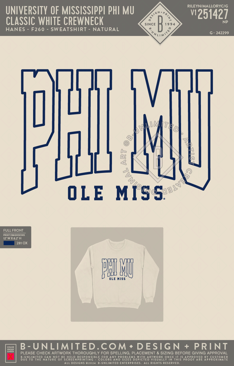 University of Mississippi Phi Mu - Classic Crewneck - Hanes - F260 - Sweatshirt - Natural